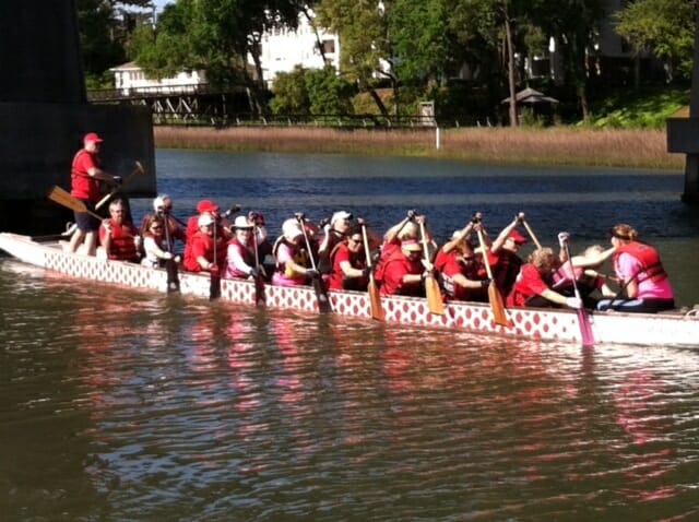 Maureen Conroy is second row right with her fellow DragonBoat team members.