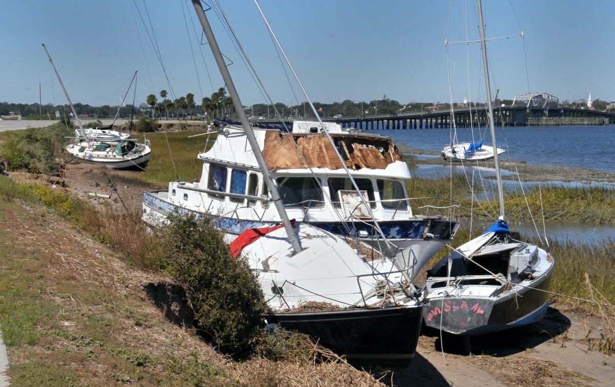 Sailboats and at least one power boat broke loose from their moorings and washed up on the banks of Factory Creek on Lady’s Island. Photo by Bob Sofaly.