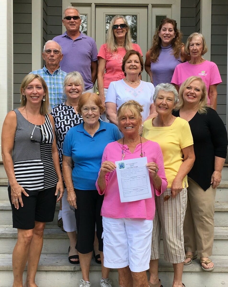 Some of the volunteers of the Dataw Island Feline Foundation are, back row, Rich Kocher, Kathy Johnston, Katie McAllister and Trudy Tresky; fourth row are Tom Hurley, treasurer, and Peg Lantelme; third row are Beverley Porter and Claudia Peebles; second row are Melanie Gentile, Charlotte Hurley and Roberta Gunderson, secretary; and first row is Dale Martin, executive director.