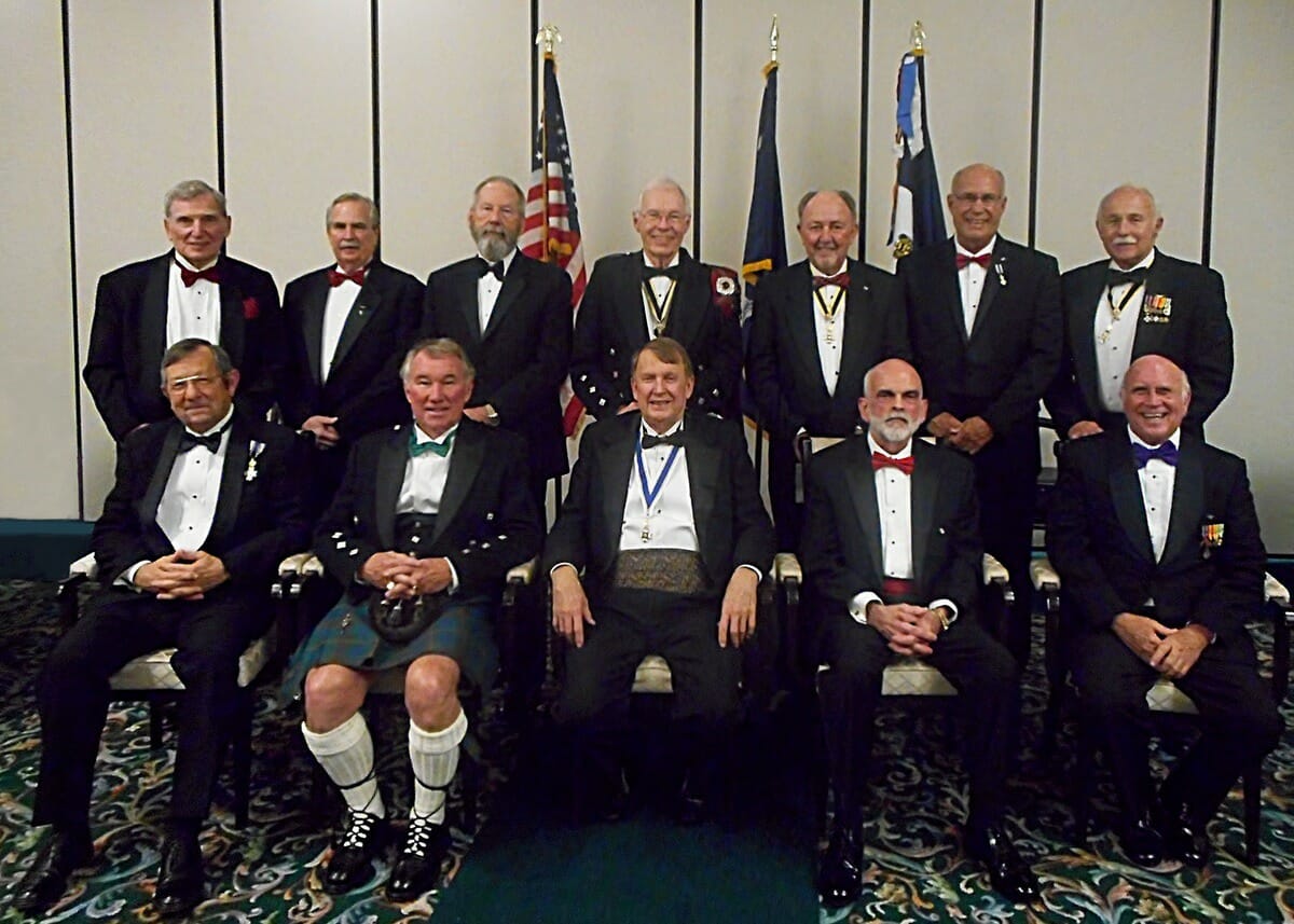 In the front row from left are Tom Wilson, registrar of the Gov. Paul Hamilton Chapter of the Sons of the American Revolution; Frank Gibson, vice president; Claude Dinkins, president; Paul Steele, secretary; and Dr. Bill Sammons, treasurer and chaplain. In the back row from left are Don Starkey, webmaster; Maj. John Simpson, military awards; Dr. Tom Burnett, historian; Wayne Cousar, South Carolina Society president and education chairman; Michael Keyserling, color sergeant; Ian Bennett, CAR liaison; and Jody Henson, Eagle Scout scholarship and public relations. Photo by Sandi Atkins.