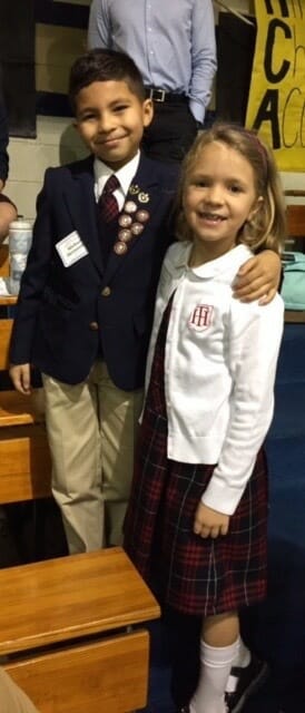 Holy Trinity third-grader, Michael Hernandez, shown here with fellow third-grader Frances Calvert, placed first in his grade level at the SCISA Regional Spelling Bee. Hernandez will advance to the SCISA State Spelling Bee.