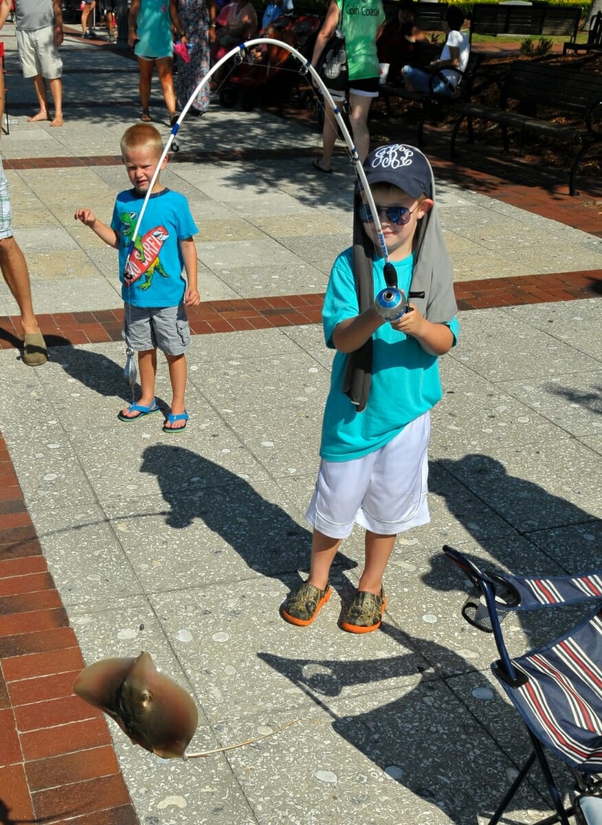 Kason Jenkins, 6, catches “a big stingray” from the sea wall during the Water Festival Children’s Toad Fish Tournament on July 15. 