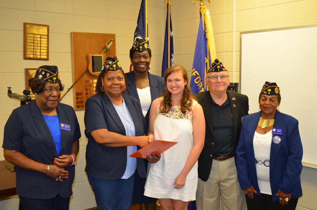 From left are American Legion Post 207 Auxiliarians Jamesetta Inabinett, Ernestine Norman, Kim Holms and Alice Gaskins joining Chuck Lurey of Post 9 to congratulate May Harrelson for attending Palmetto Girls State Encampment.