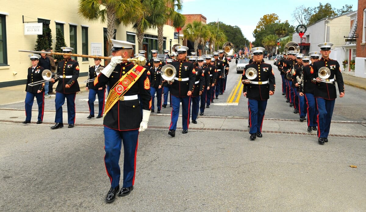The Parris Island Marine Band leads the annual Veterans Day Parade on Nov. 11.