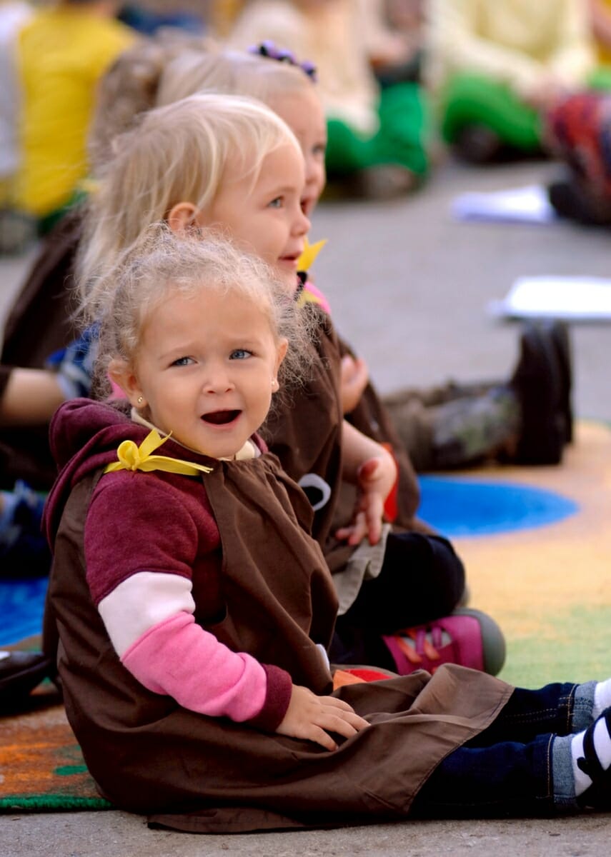 Wild turkeys from Angela Barnes’ 2-year-olds shout “Gobble, Gobble” during the annual Beaufort Academy Preschool play.