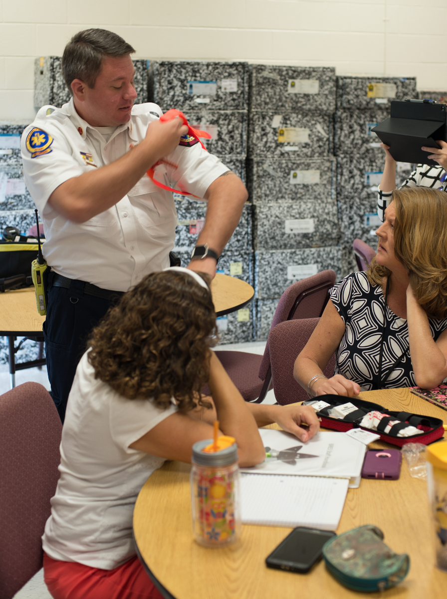 Children at Broad River Elementary School learn to tie a tourniquet. Photo provided.