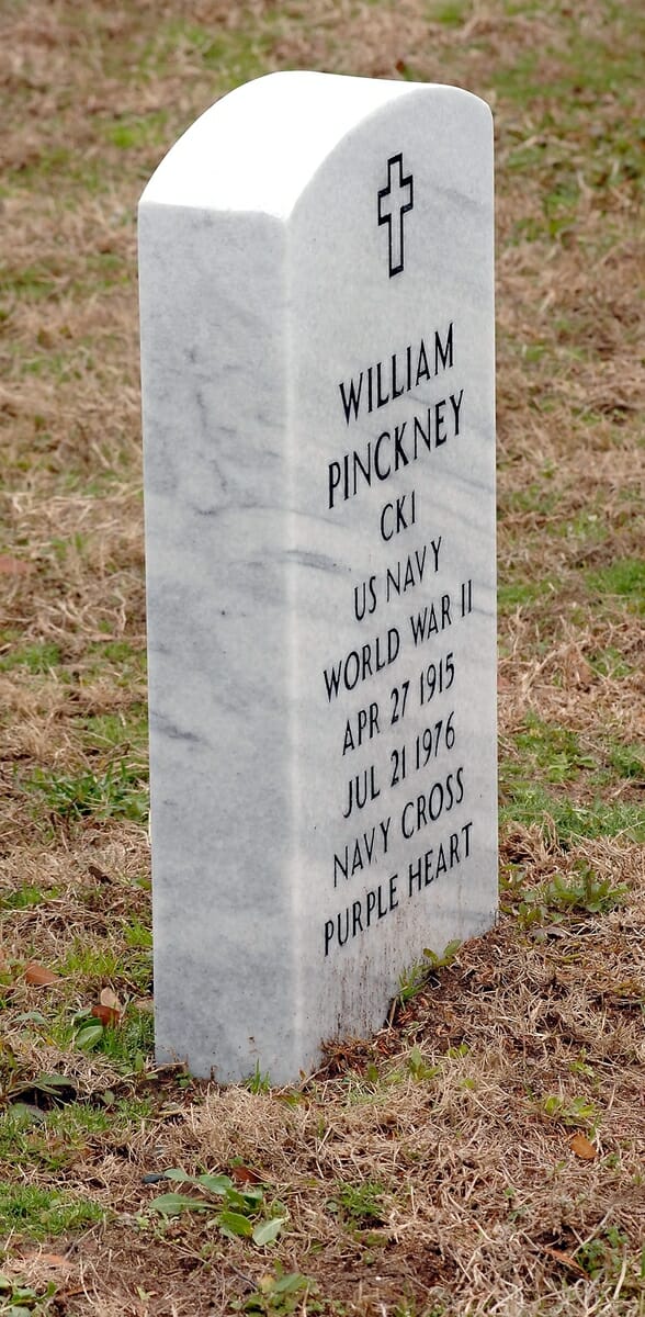 The new headstone for WWII Navy veteran William Pinckney now reads Purple Heart and Navy Cross. Pinckney was awarded the nation’s second highest medal for valor for his unsurpassed bravery while rescuing his shipmates after a Japanese bomb exploded in the ammunition magazine in which Pinckney, a ship’s cook, was assigned as his battle station aboard the aircraft carrier U.S.S. Enterprise during the Battle of Santa Cruz in October, 1942.